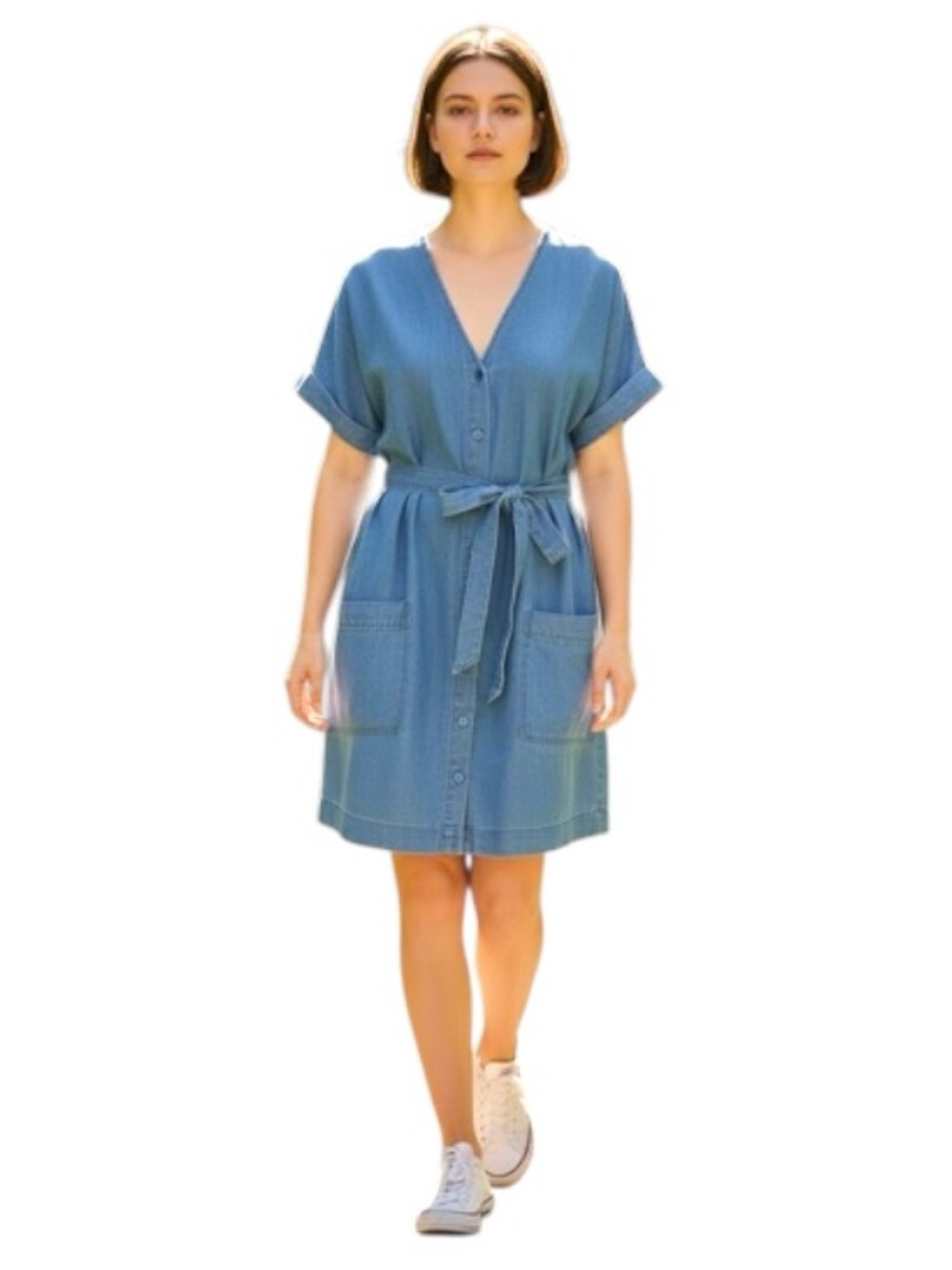 FRANK & Oak Blue Chambray Denim Shirt Dress Tencel Belted Roll Short Sleeve Sz S